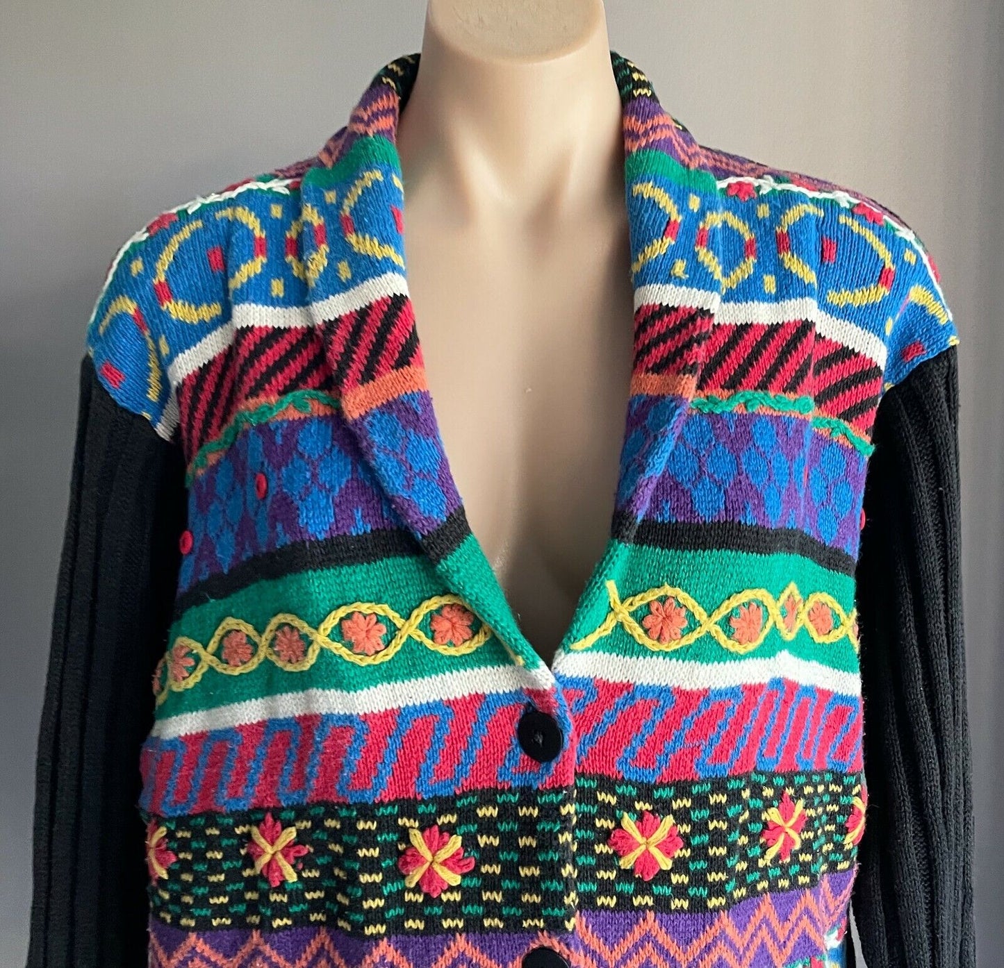 CAROLE LITTLE Sport Petites Cardigan Bright Colours 3D Knit Size M Vintage