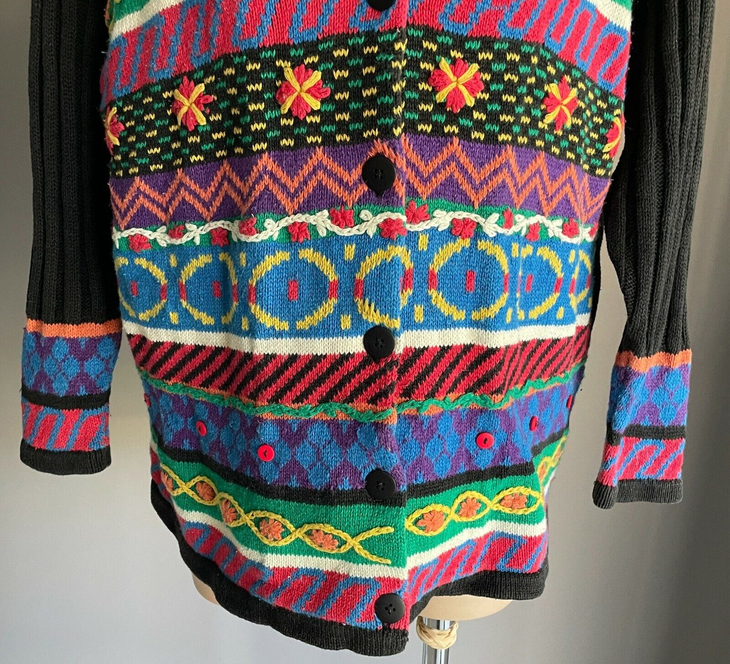 CAROLE LITTLE Sport Petites Cardigan Bright Colours 3D Knit Size M Vintage