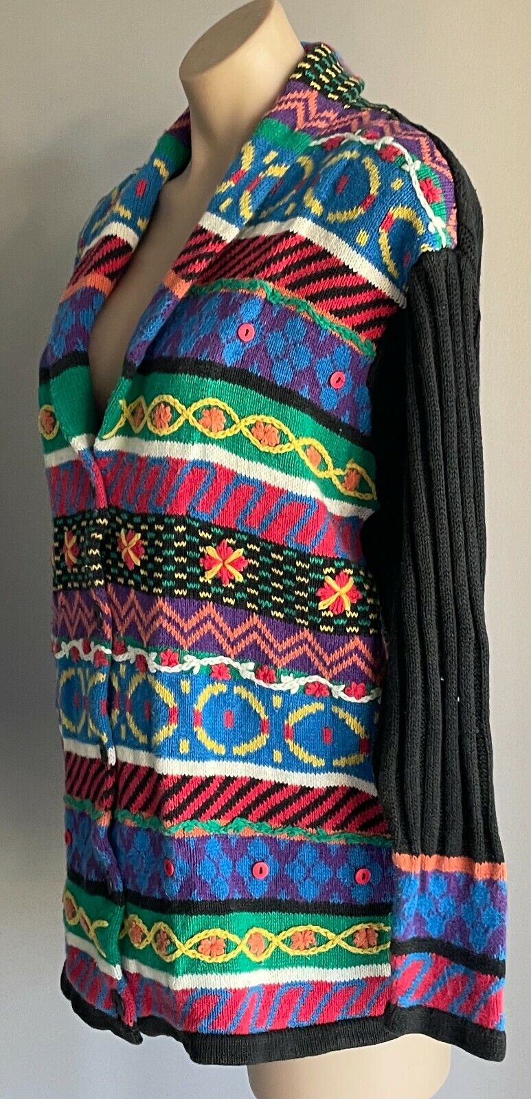 CAROLE LITTLE Sport Petites Cardigan Bright Colours 3D Knit Size M Vintage