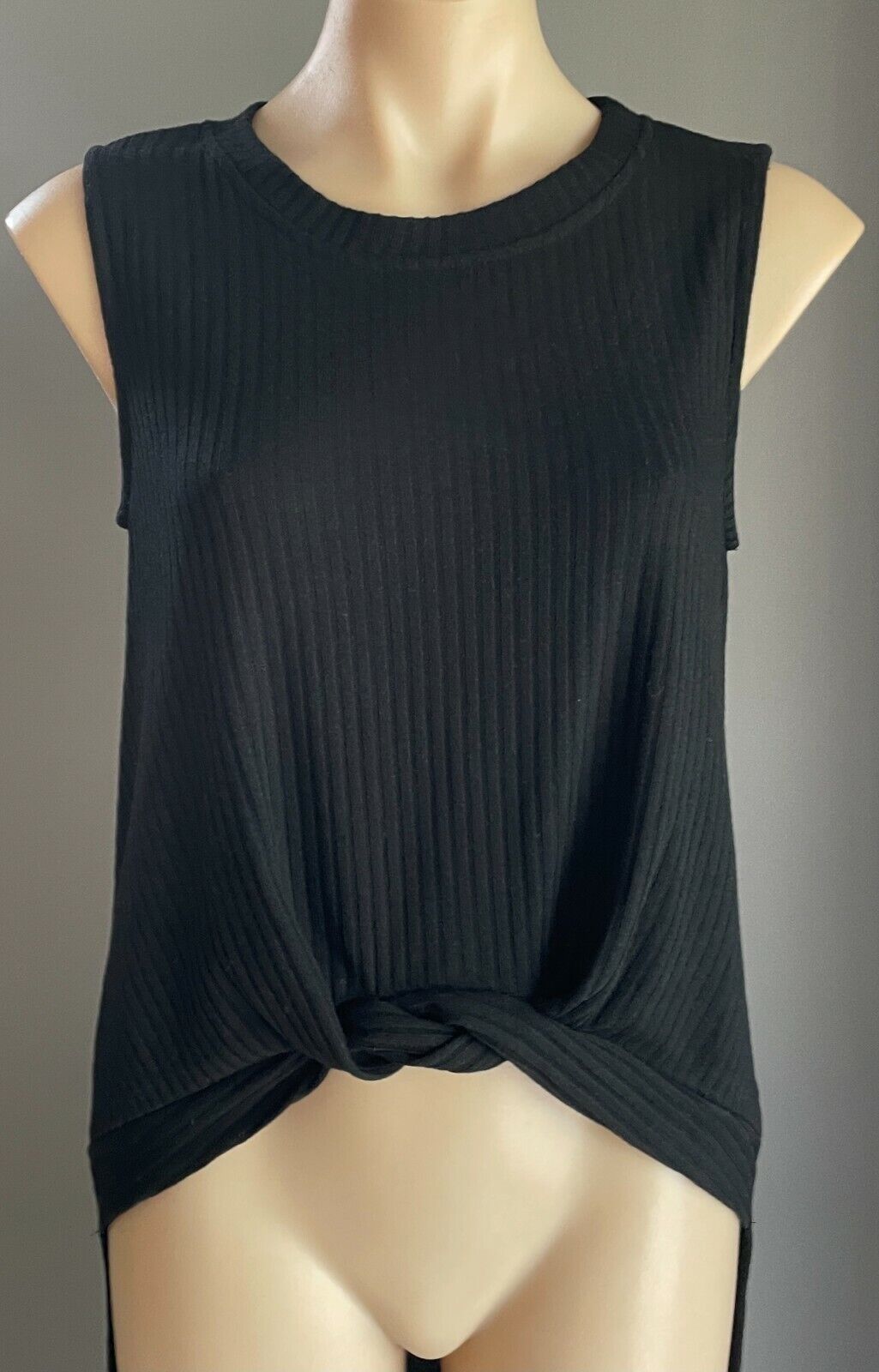 ROSEBULLET Long Knit Top Black Ribbed Sleeveless Knot Front Hi-Low Size 12 NEW