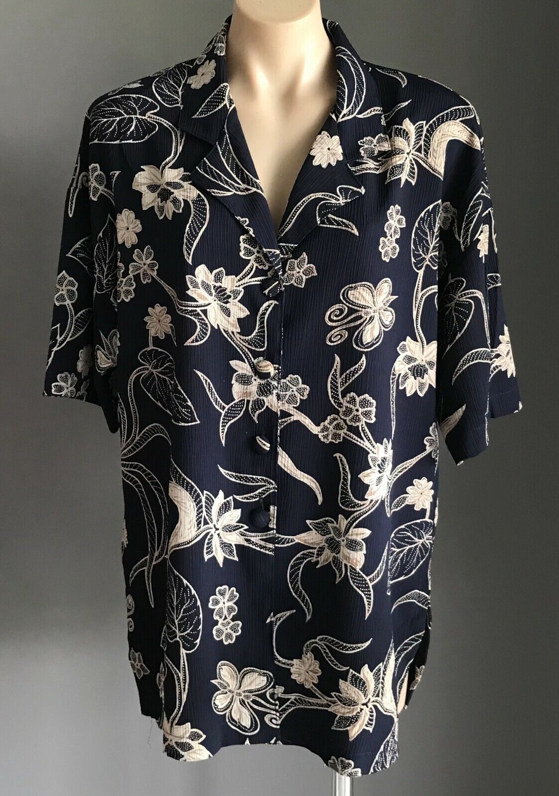 Vtg IMPRESSIONS Buttoned Blouse Navy Blue Taupe Floral Short Sl Shirt 12 NEW