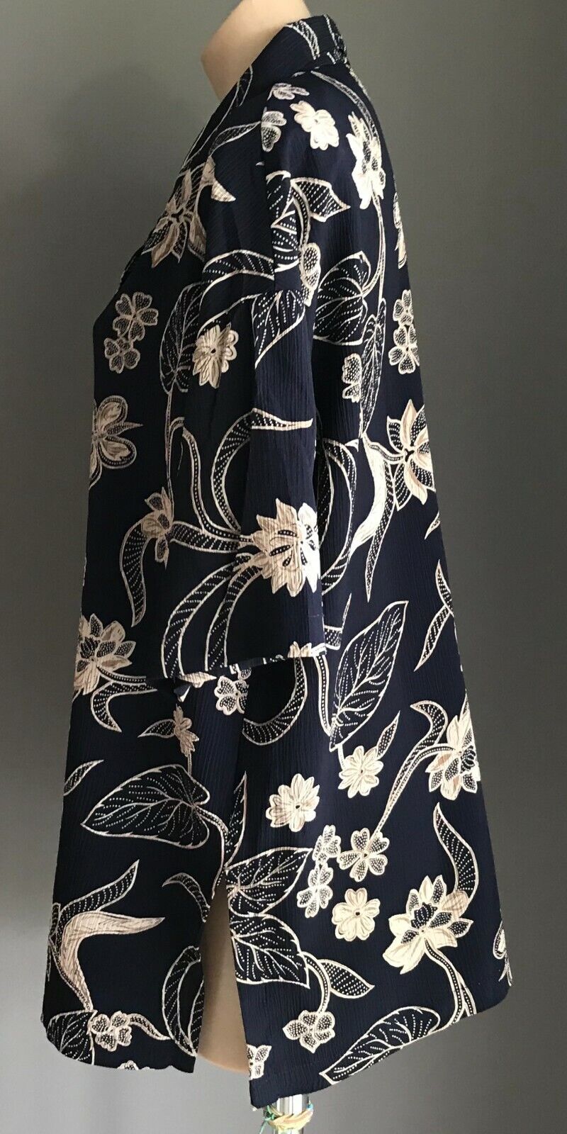 Vtg IMPRESSIONS Buttoned Blouse Navy Blue Taupe Floral Short Sl Shirt 12 NEW