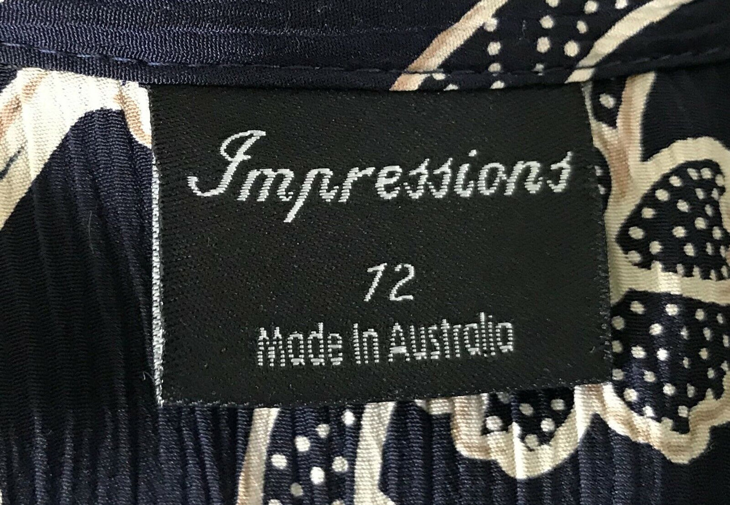 Vtg IMPRESSIONS Buttoned Blouse Navy Blue Taupe Floral Short Sl Shirt 12 NEW