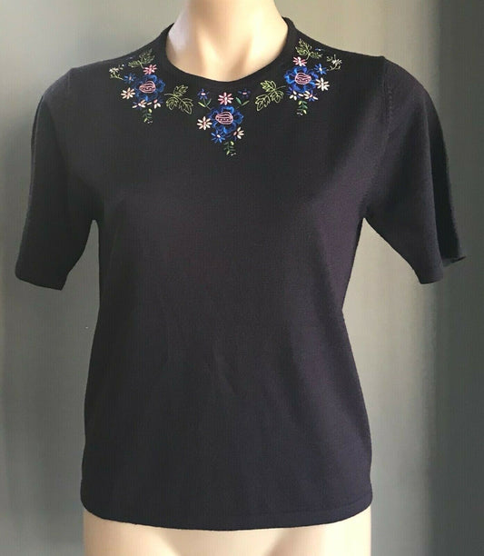 Vintage Knit Top Aubergine Purple Short Sleeve Floral Embroidery Size 10