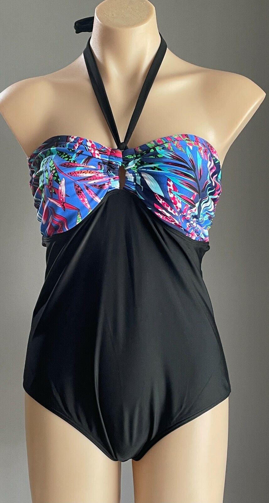 SwimSuit ZAZOU Black & MultiColoured Halter Neck One Piece Swim Bathers Size 16