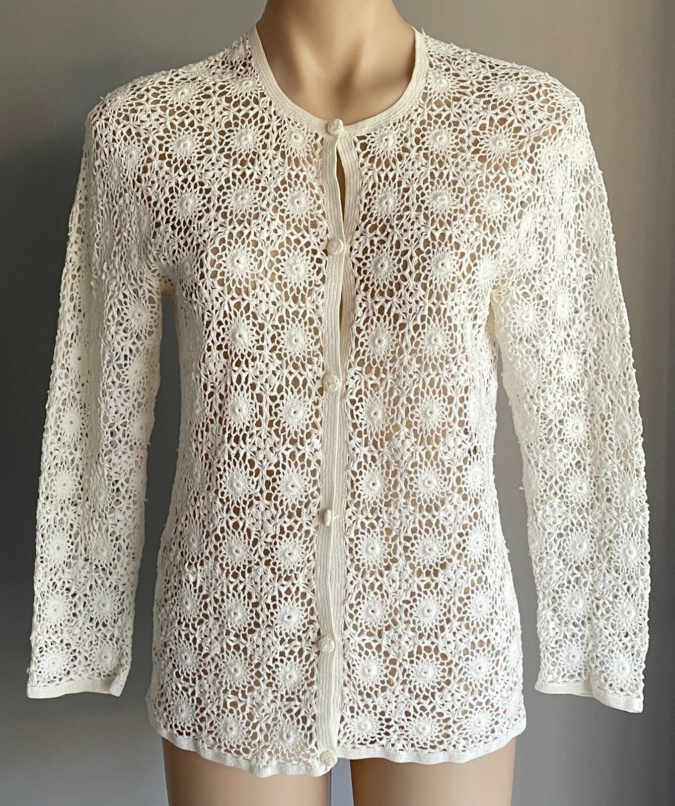 CROCHET CARDIGAN Off White Long Sleeve Button Up Sz 10 Beautifully Handmade New