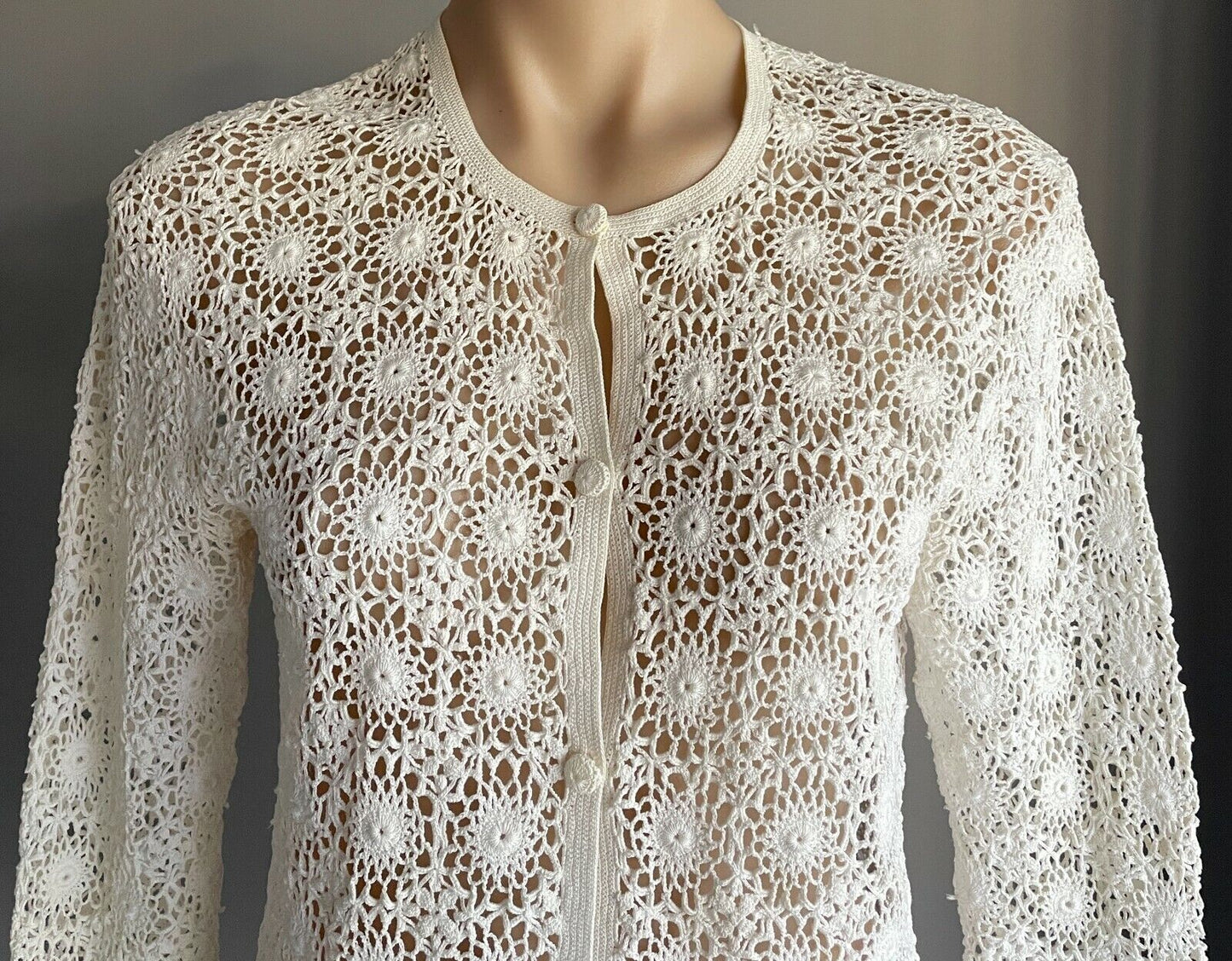 CROCHET CARDIGAN Off White Long Sleeve Button Up Sz 10 Beautifully Handmade New