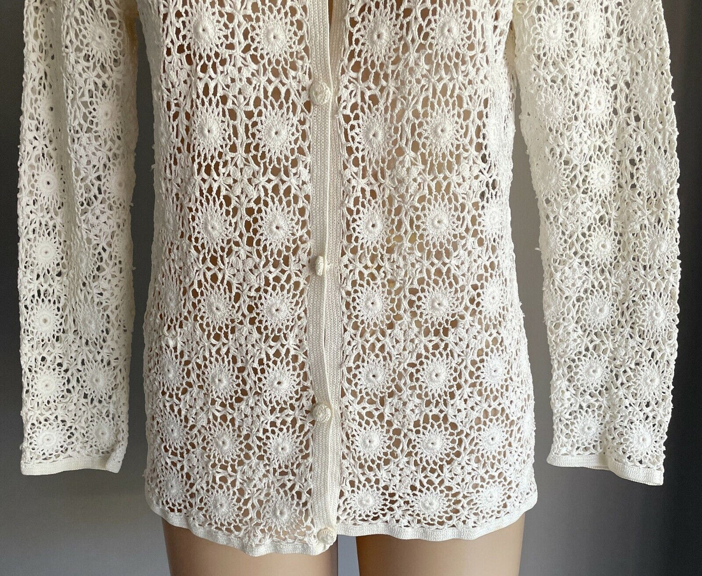 CROCHET CARDIGAN Off White Long Sleeve Button Up Sz 10 Beautifully Handmade New