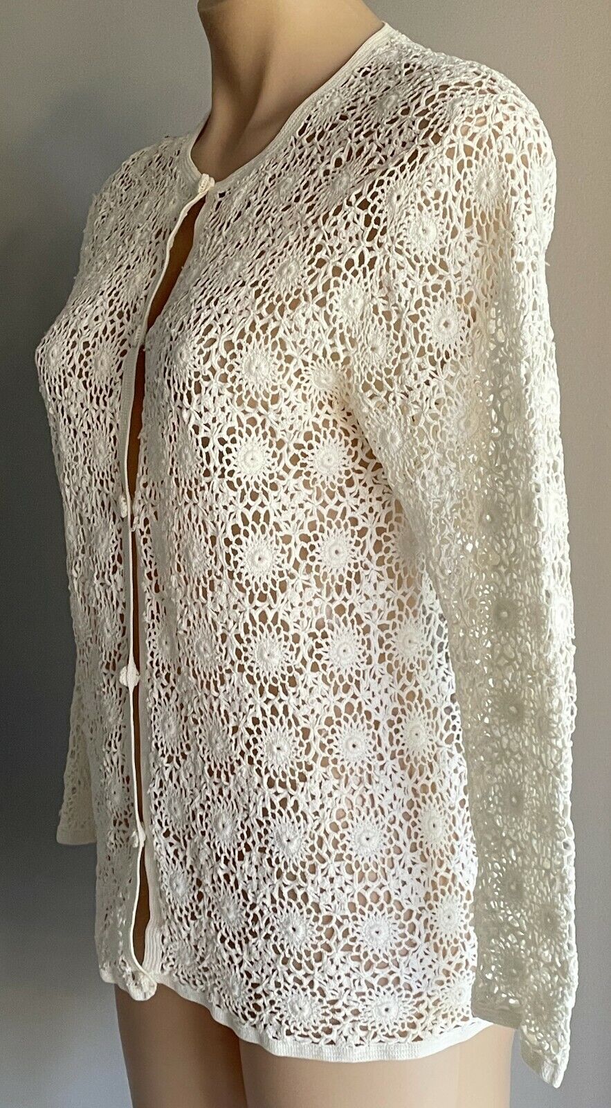 CROCHET CARDIGAN Off White Long Sleeve Button Up Sz 10 Beautifully Handmade New
