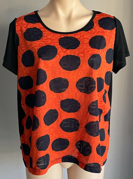 HOURGLASS Black Short Sleeve T-Shirt w Orange & Navy Print Top Ladies Sz M 12 14