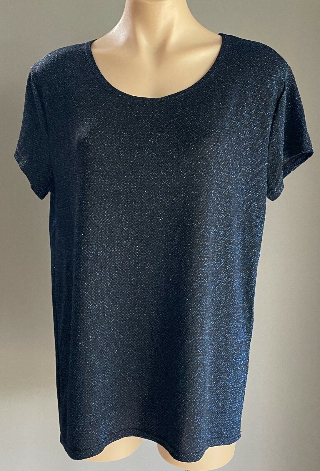 SES Top Blue Lurex Short Sleeve Stretch Blouse Dressy T shirt Ladies Size 14