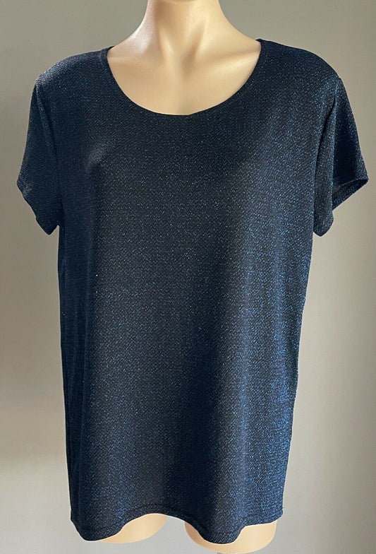 SES Top Blue Lurex Short Sleeve Stretch Blouse Dressy T shirt Ladies Size 14