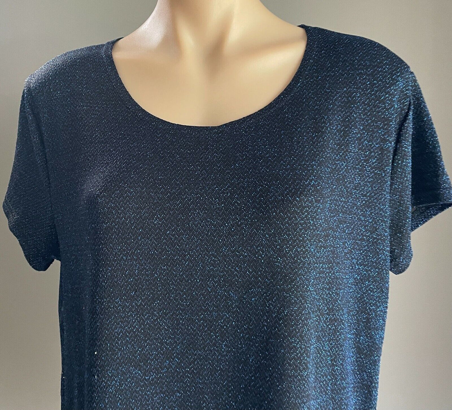 SES Top Blue Lurex Short Sleeve Stretch Blouse Dressy T shirt Ladies Size 14