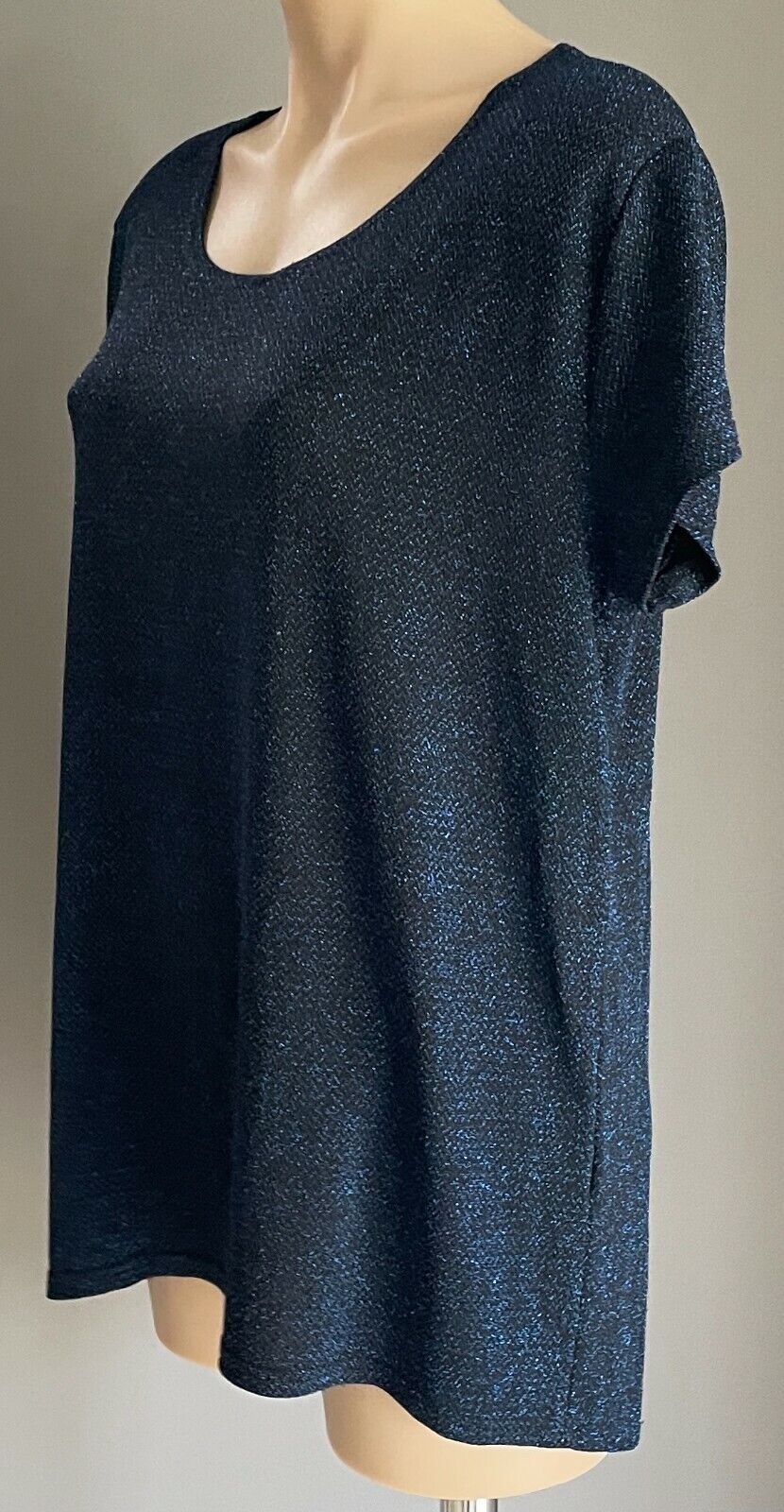 SES Top Blue Lurex Short Sleeve Stretch Blouse Dressy T shirt Ladies Size 14