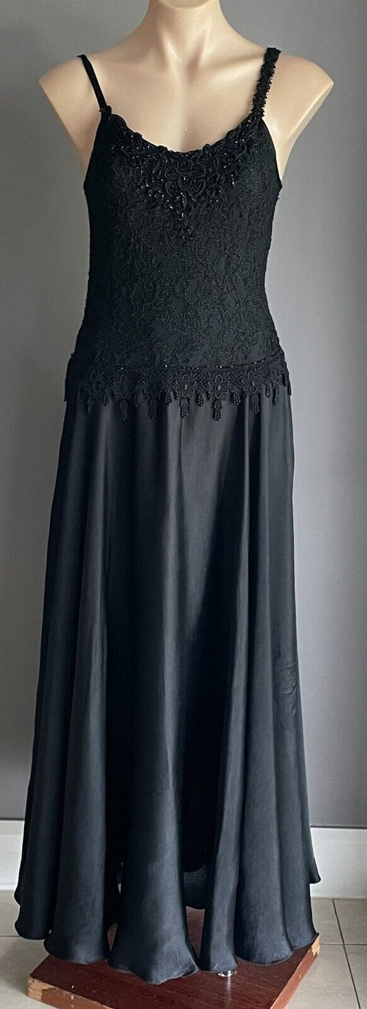 Maxi Dress Gown PEACE ANGEL Silky Black Lace Sequin Bodice Satin Full Skirt S 10