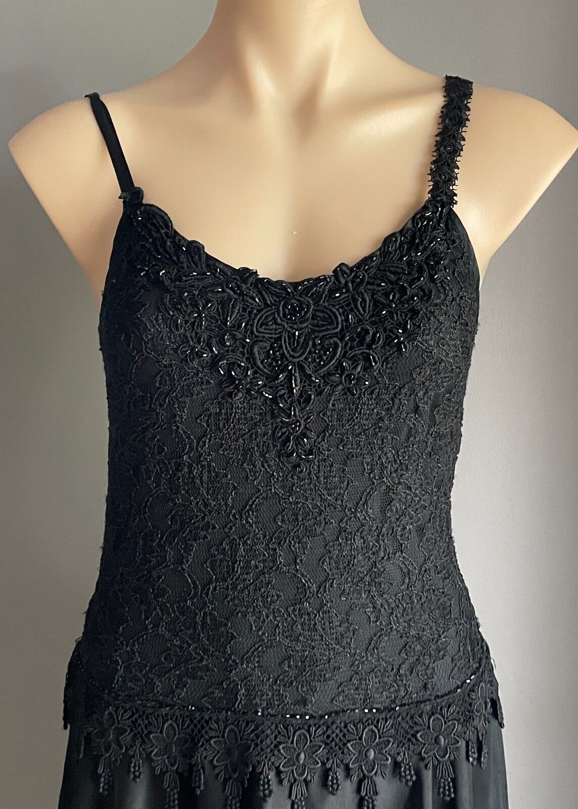 Maxi Dress Gown PEACE ANGEL Silky Black Lace Sequin Bodice Satin Full Skirt S 10