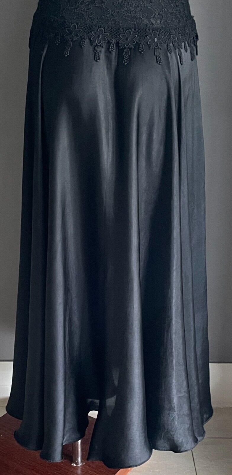Maxi Dress Gown PEACE ANGEL Silky Black Lace Sequin Bodice Satin Full Skirt S 10