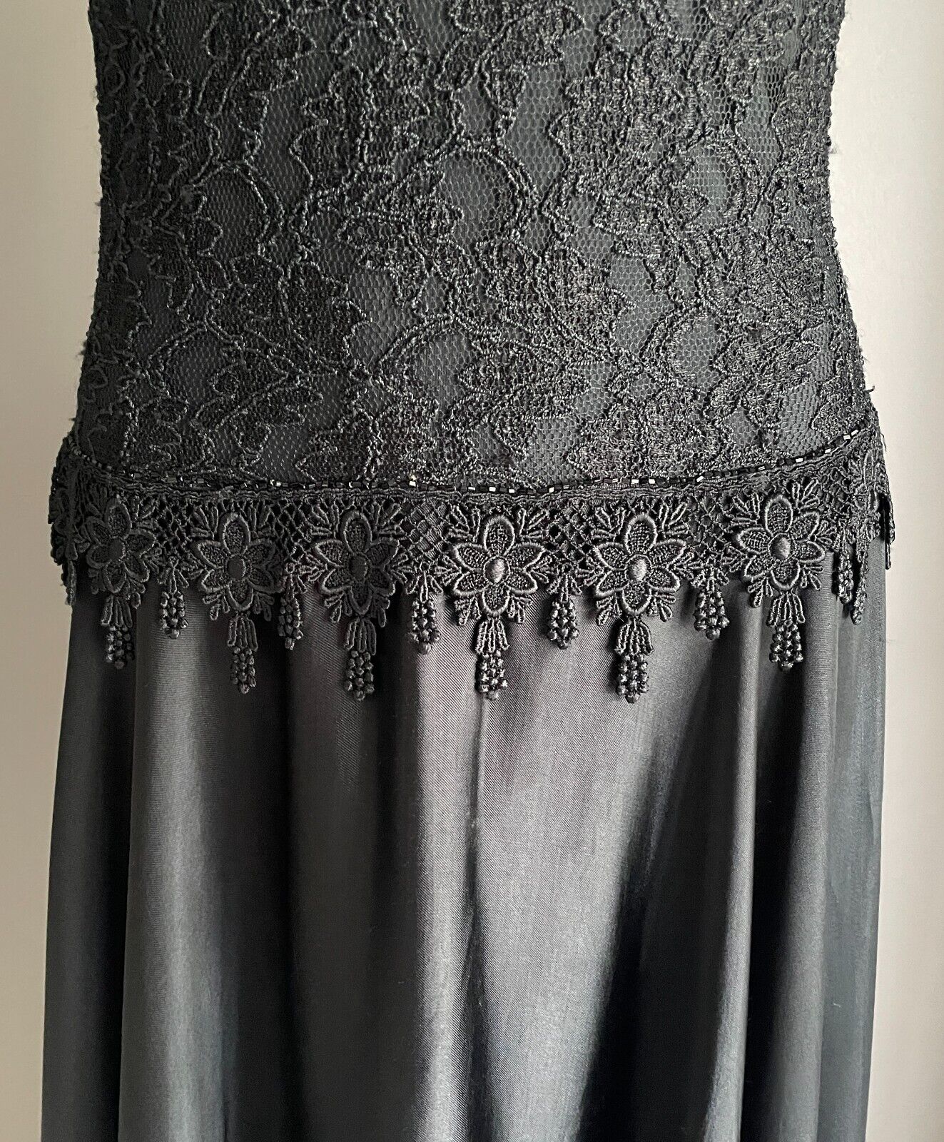 Maxi Dress Gown PEACE ANGEL Silky Black Lace Sequin Bodice Satin Full Skirt S 10