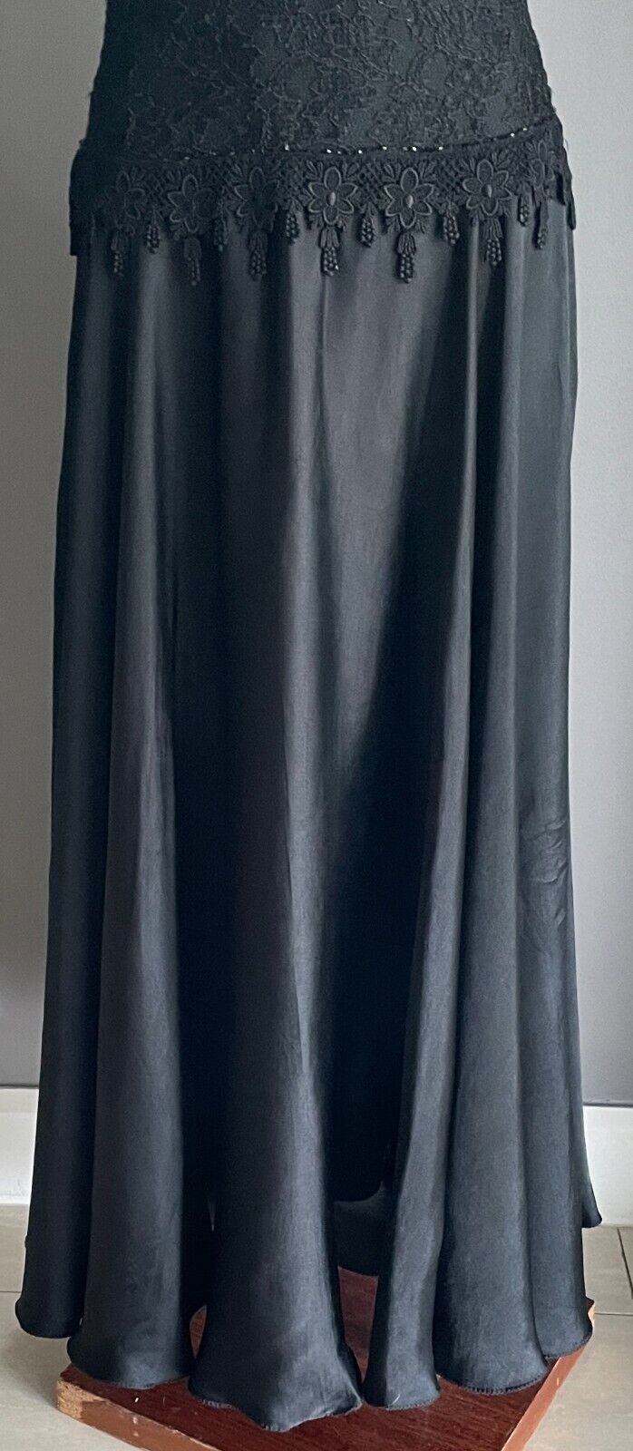 Maxi Dress Gown PEACE ANGEL Silky Black Lace Sequin Bodice Satin Full Skirt S 10
