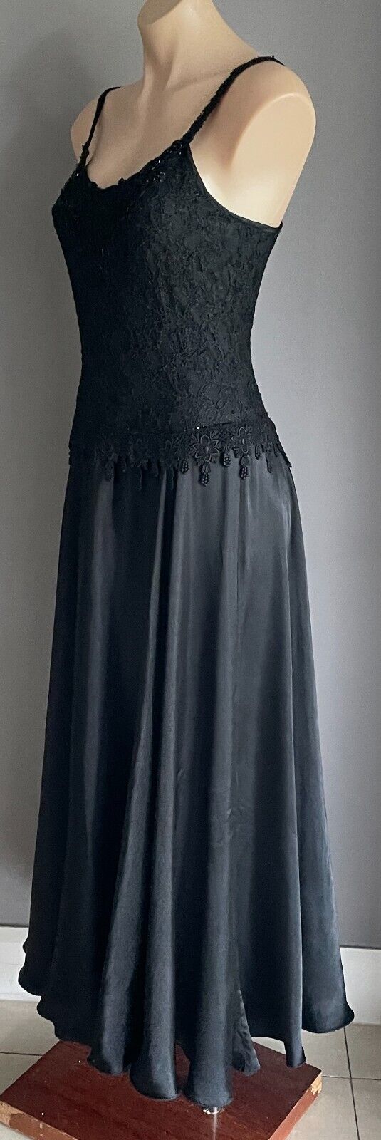 Maxi Dress Gown PEACE ANGEL Silky Black Lace Sequin Bodice Satin Full Skirt S 10