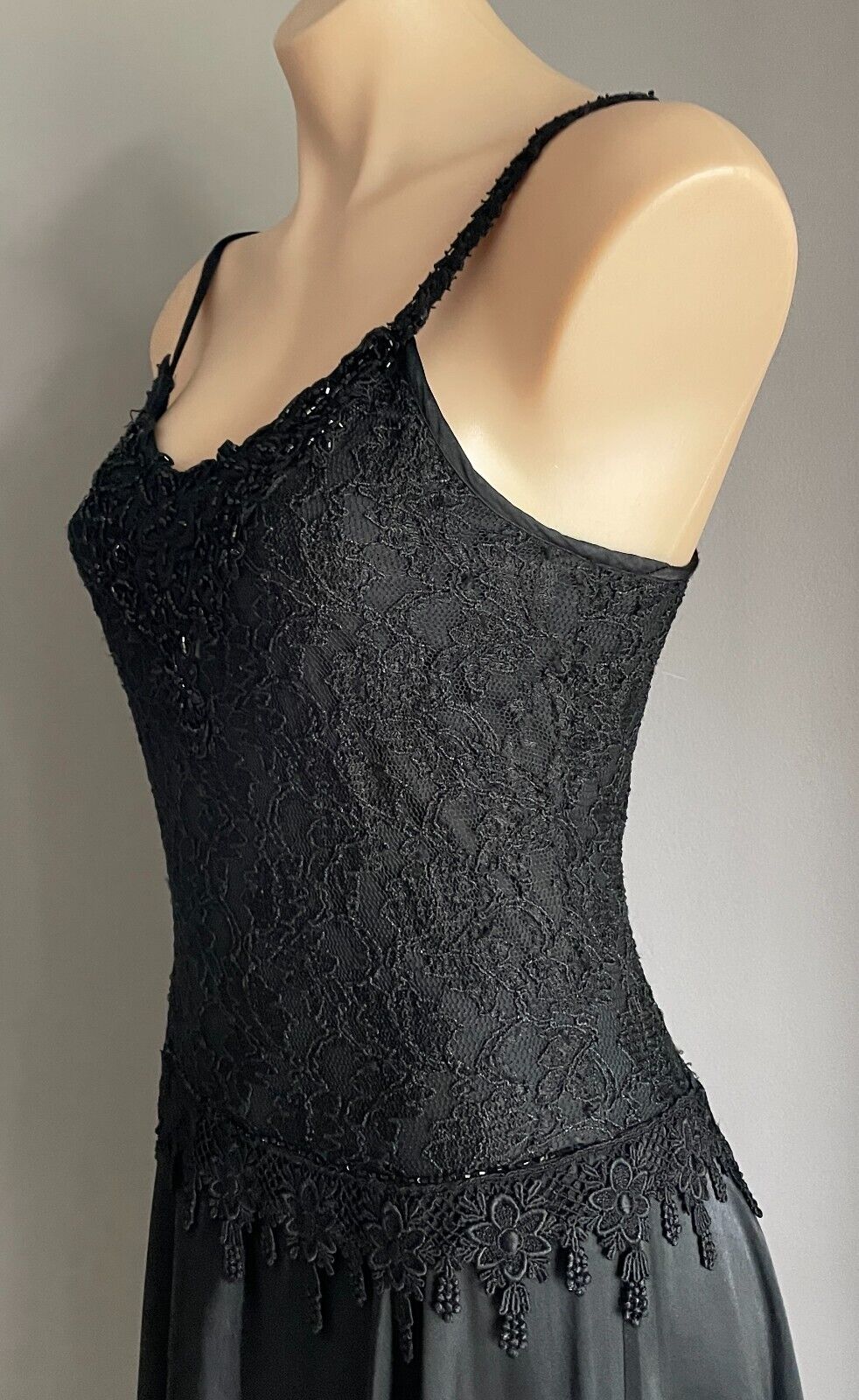 Maxi Dress Gown PEACE ANGEL Silky Black Lace Sequin Bodice Satin Full Skirt S 10