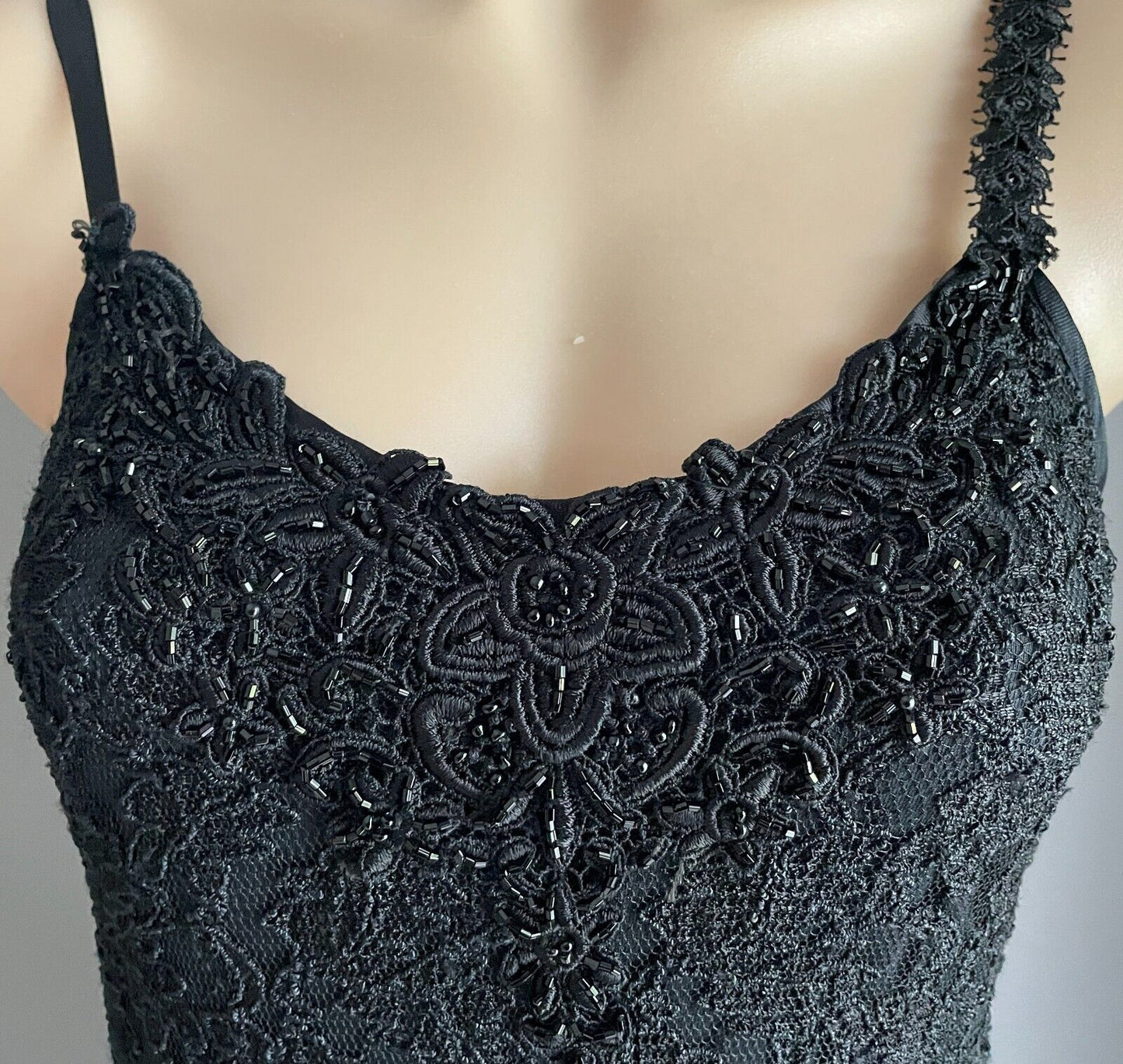 Maxi Dress Gown PEACE ANGEL Silky Black Lace Sequin Bodice Satin Full Skirt S 10