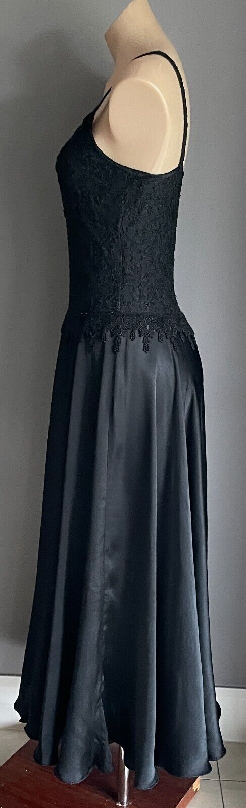 Maxi Dress Gown PEACE ANGEL Silky Black Lace Sequin Bodice Satin Full Skirt S 10