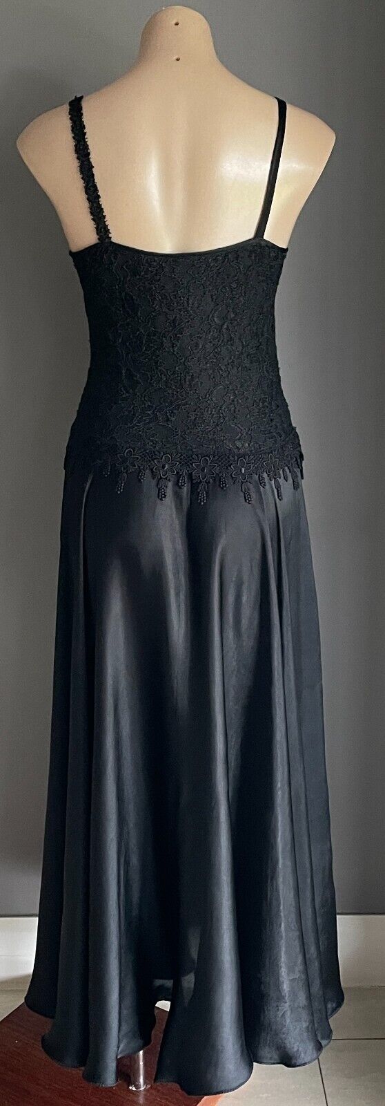 Maxi Dress Gown PEACE ANGEL Silky Black Lace Sequin Bodice Satin Full Skirt S 10