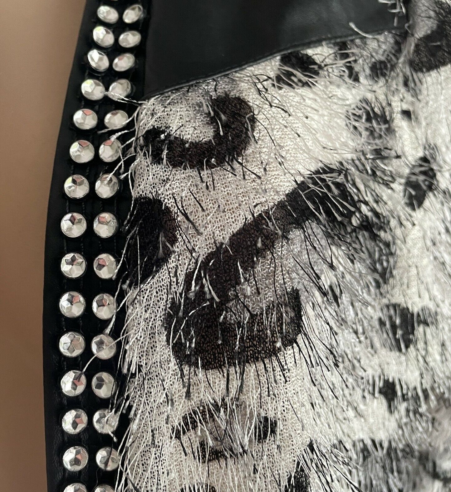 AC GIRL Cardigan Grey Black Eyelash Fabric Leopard Print PU & Crystals XL 12 NEW