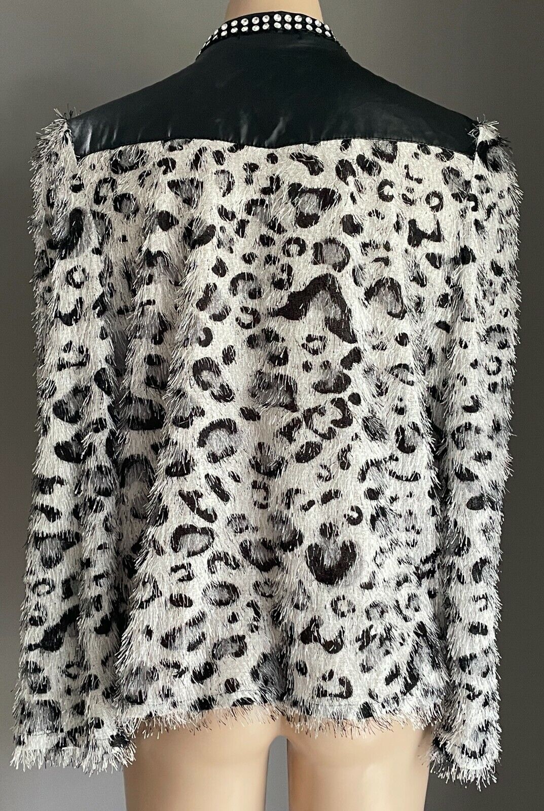AC GIRL Cardigan Grey Black Eyelash Fabric Leopard Print PU & Crystals XL 12 NEW