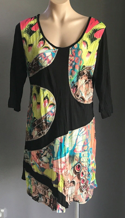 WHISPERS Tunic Top Black & Multi Colour Print 3/4 Sleeve Ladies Size M 12