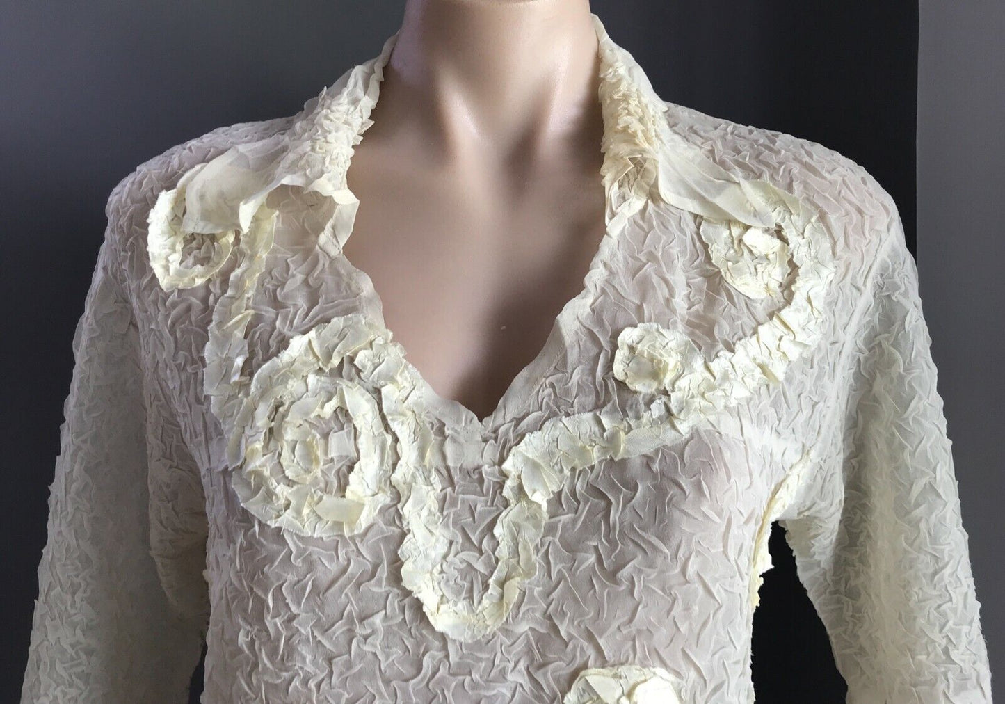 IYD Blouse Cream Wrinkle Semi Sheer Swirl Applique Bracelet Length Top Sz 10 12