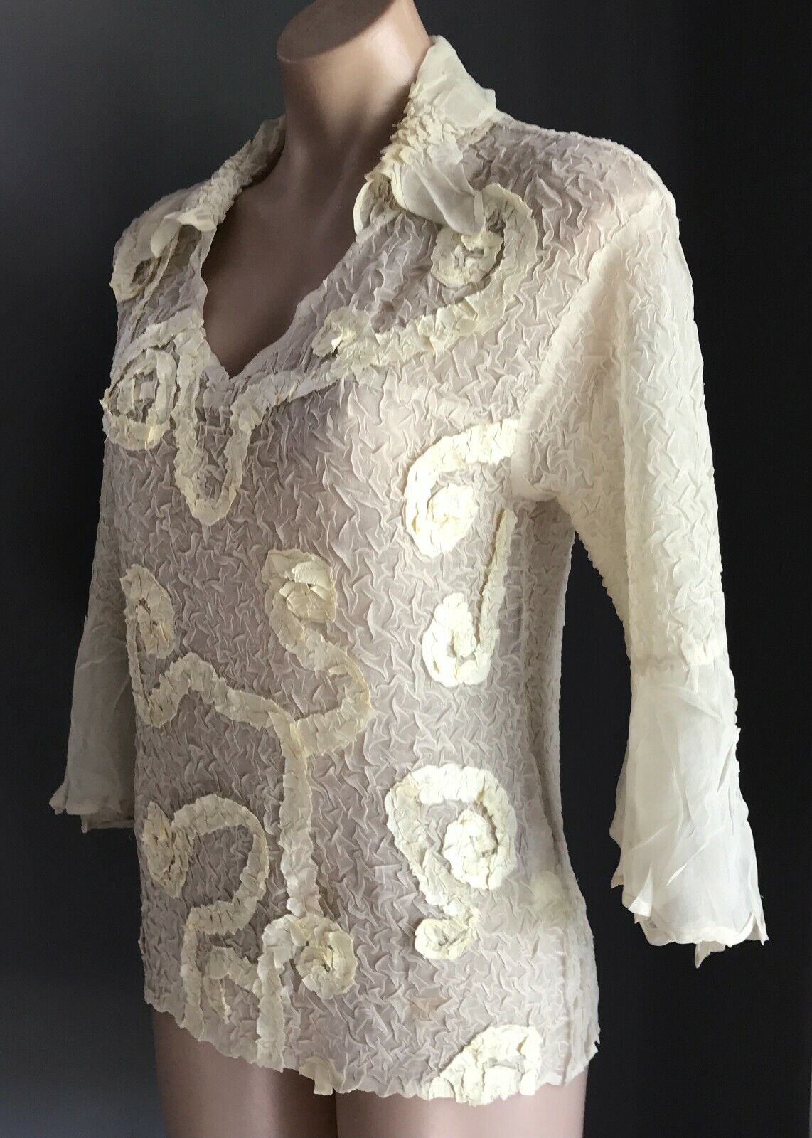IYD Blouse Cream Wrinkle Semi Sheer Swirl Applique Bracelet Length Top Sz 10 12