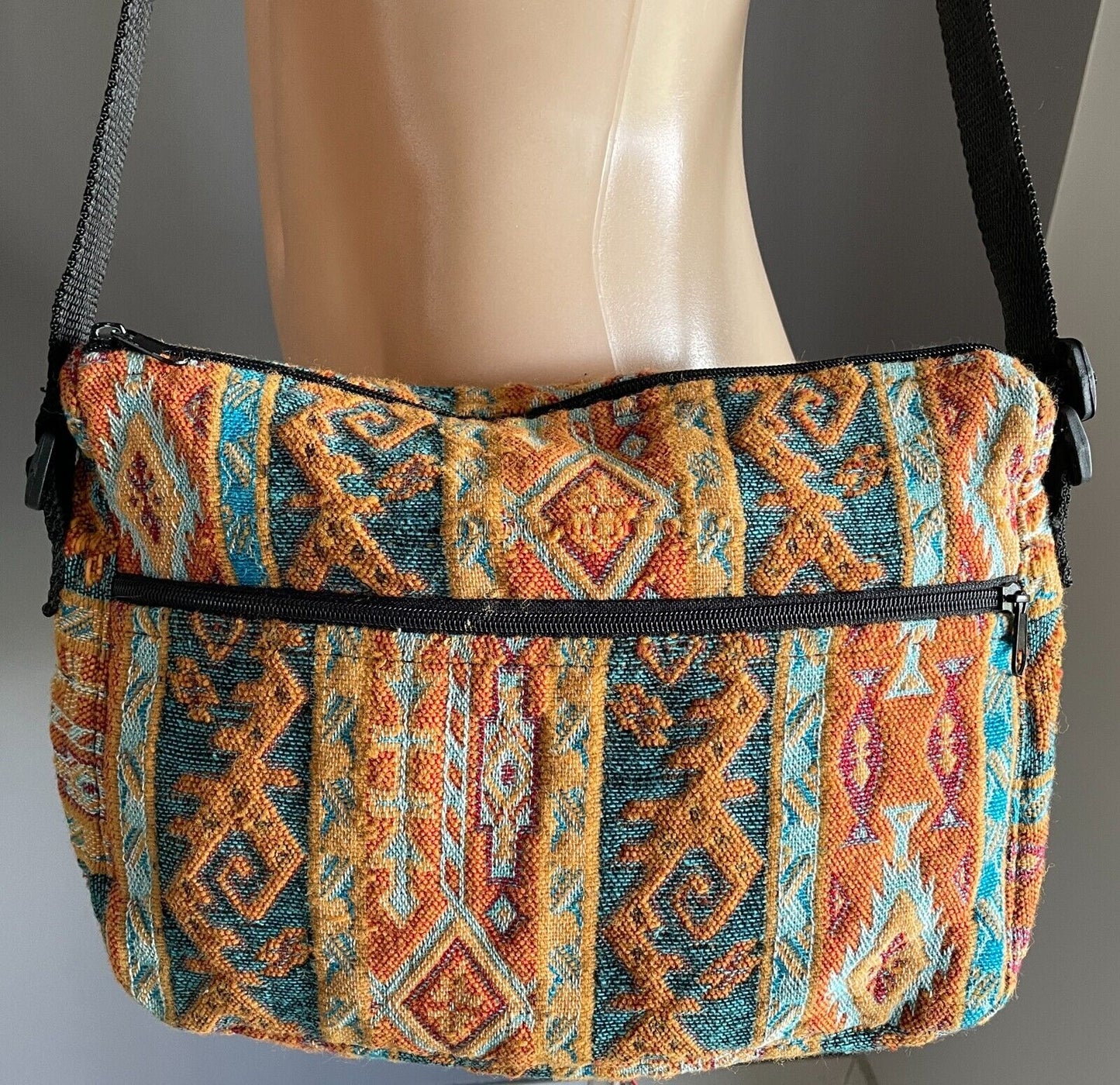 Boho Tapestry Fabric Crossbody Shoulder Bag Orange Blue Caramel Aztec Print NEW