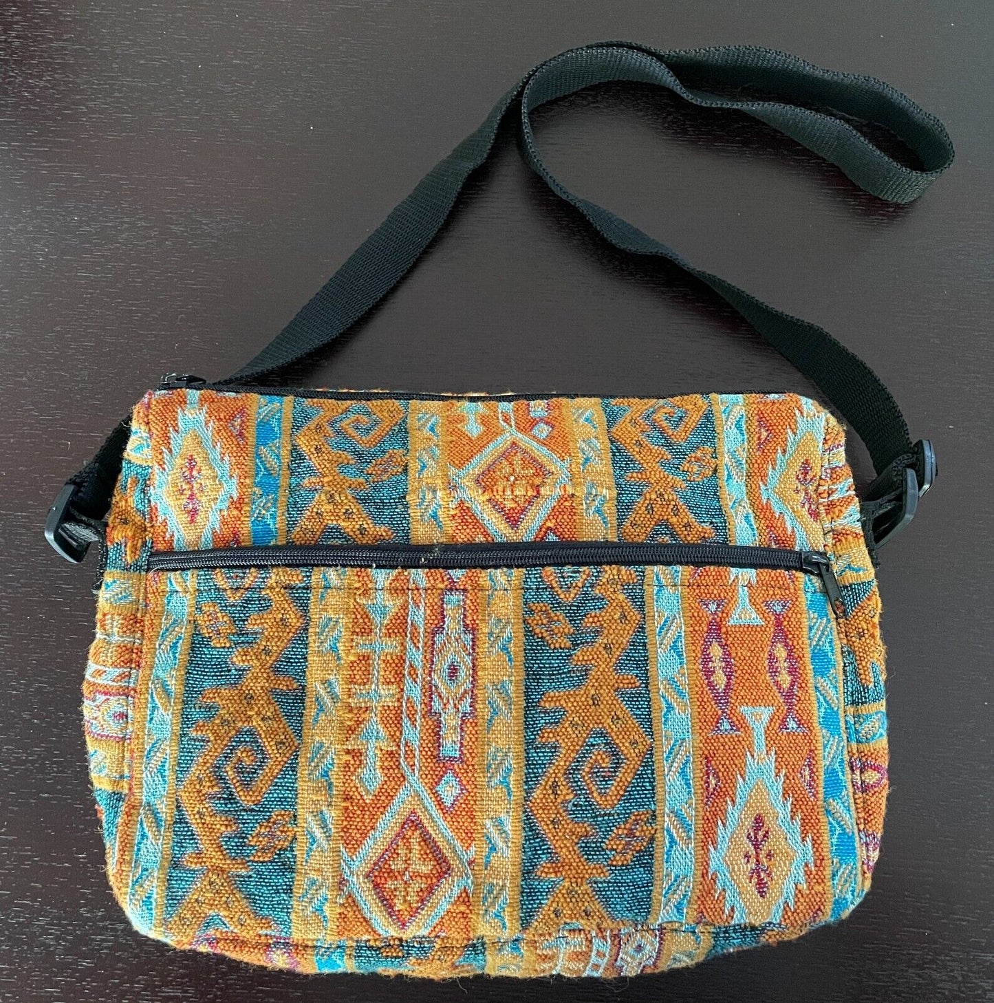 Boho Tapestry Fabric Crossbody Shoulder Bag Orange Blue Caramel Aztec Print NEW