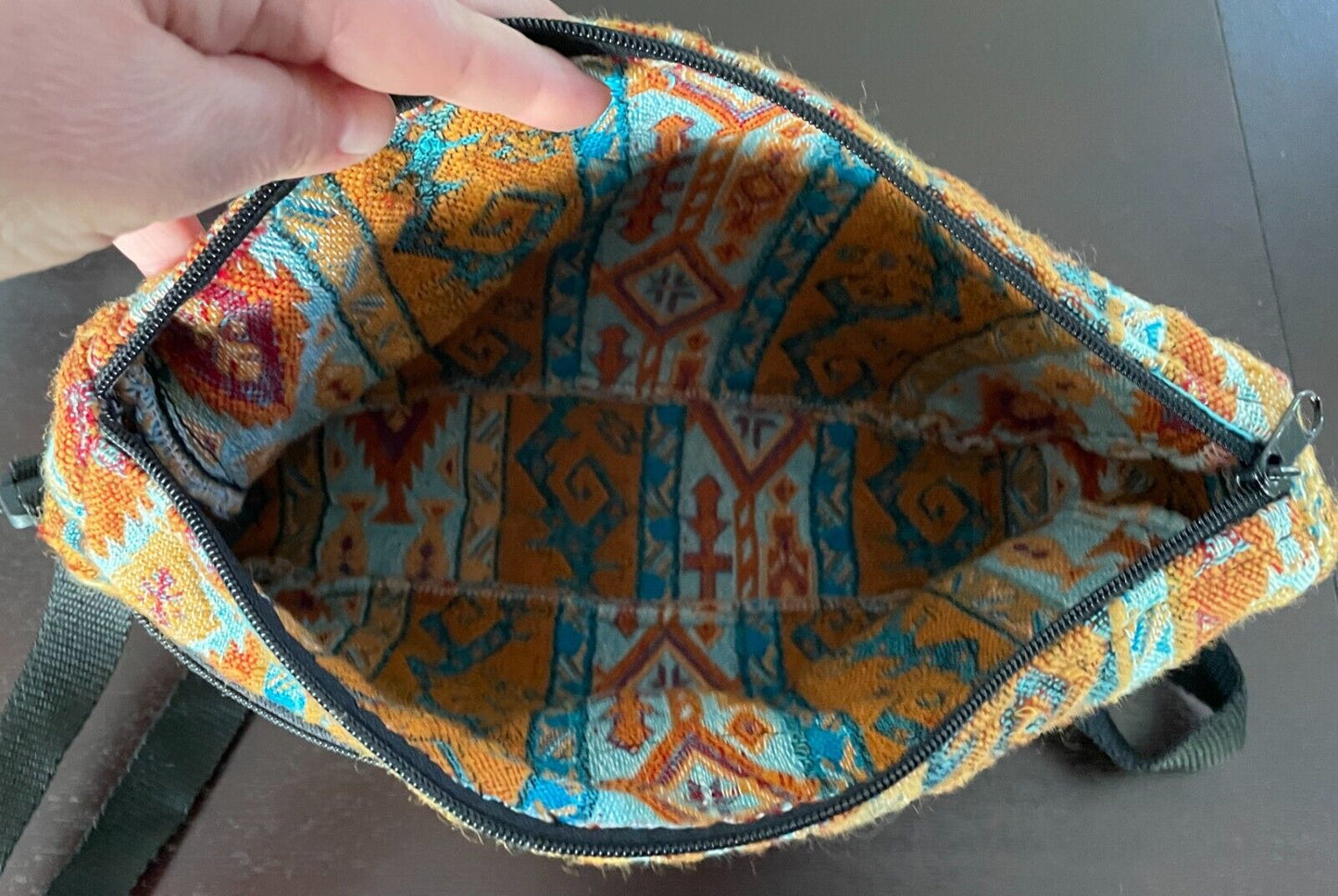 Boho Tapestry Fabric Crossbody Shoulder Bag Orange Blue Caramel Aztec Print NEW