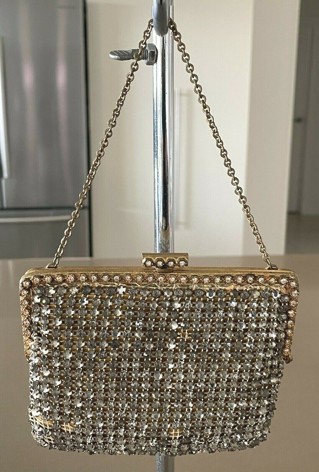 Evening Bag Antique Crystal Encrusted Small Gold Frame Chain Strap Diamante