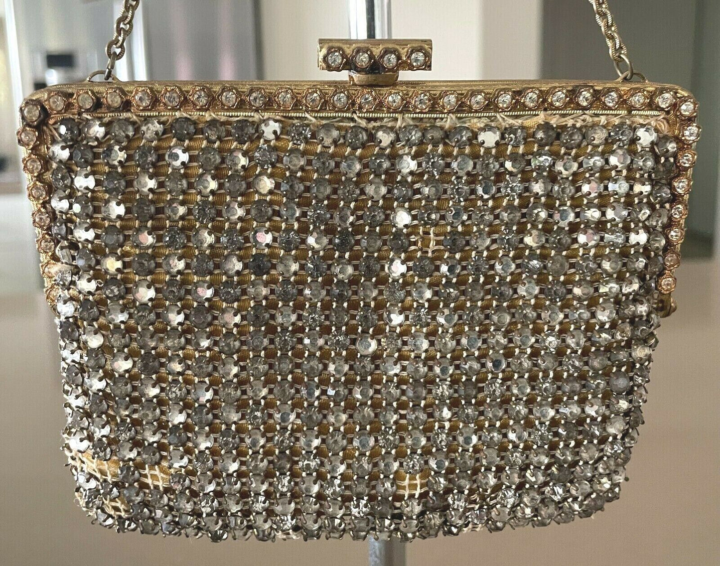 Evening Bag Antique Crystal Encrusted Small Gold Frame Chain Strap Diamante