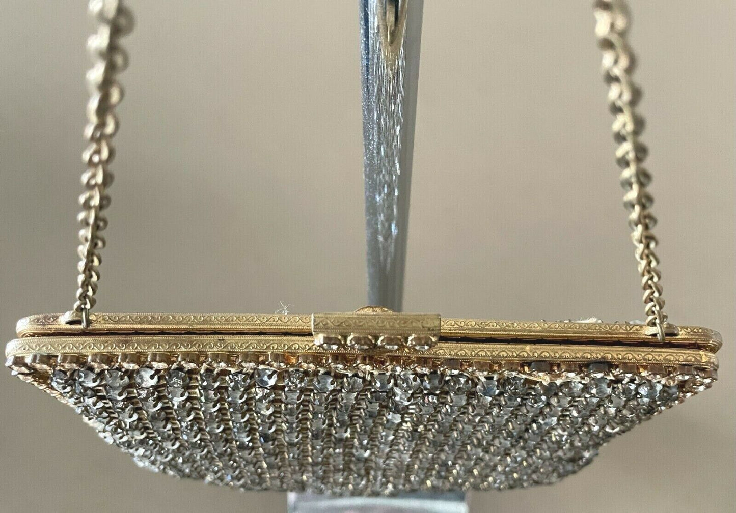 Evening Bag Antique Crystal Encrusted Small Gold Frame Chain Strap Diamante