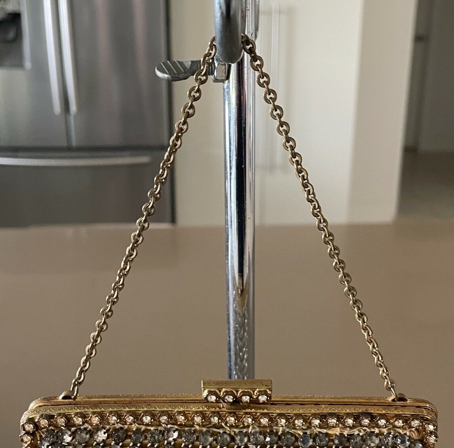 Evening Bag Antique Crystal Encrusted Small Gold Frame Chain Strap Diamante