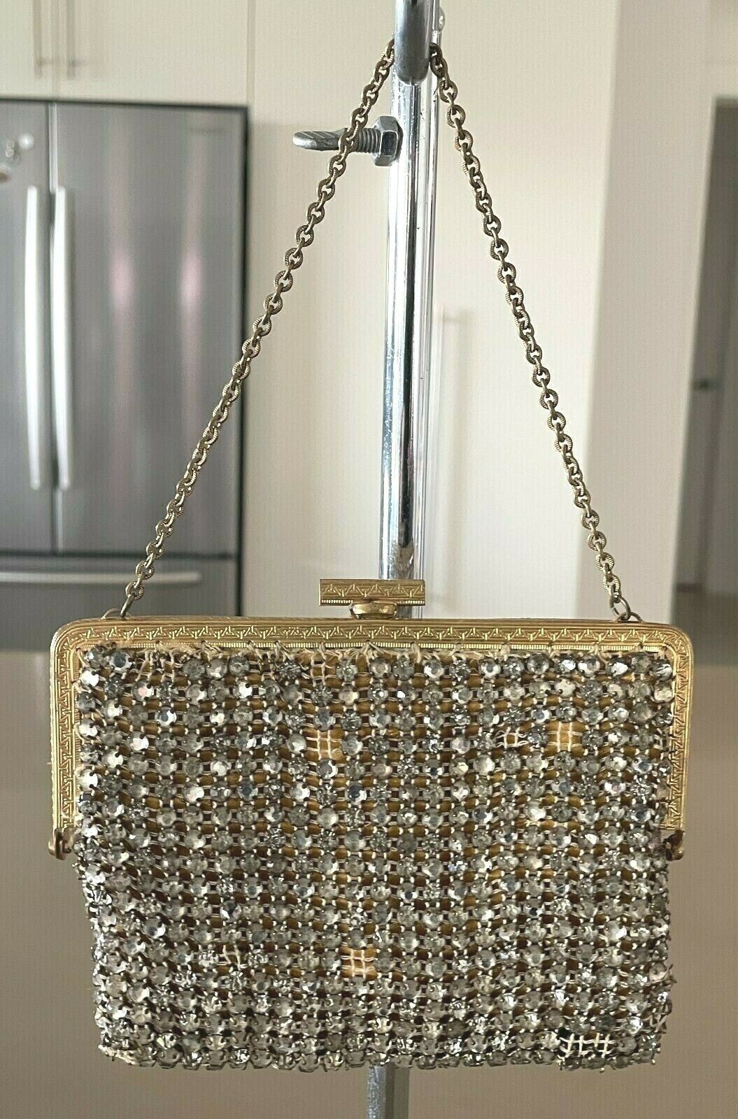 Evening Bag Antique Crystal Encrusted Small Gold Frame Chain Strap Diamante