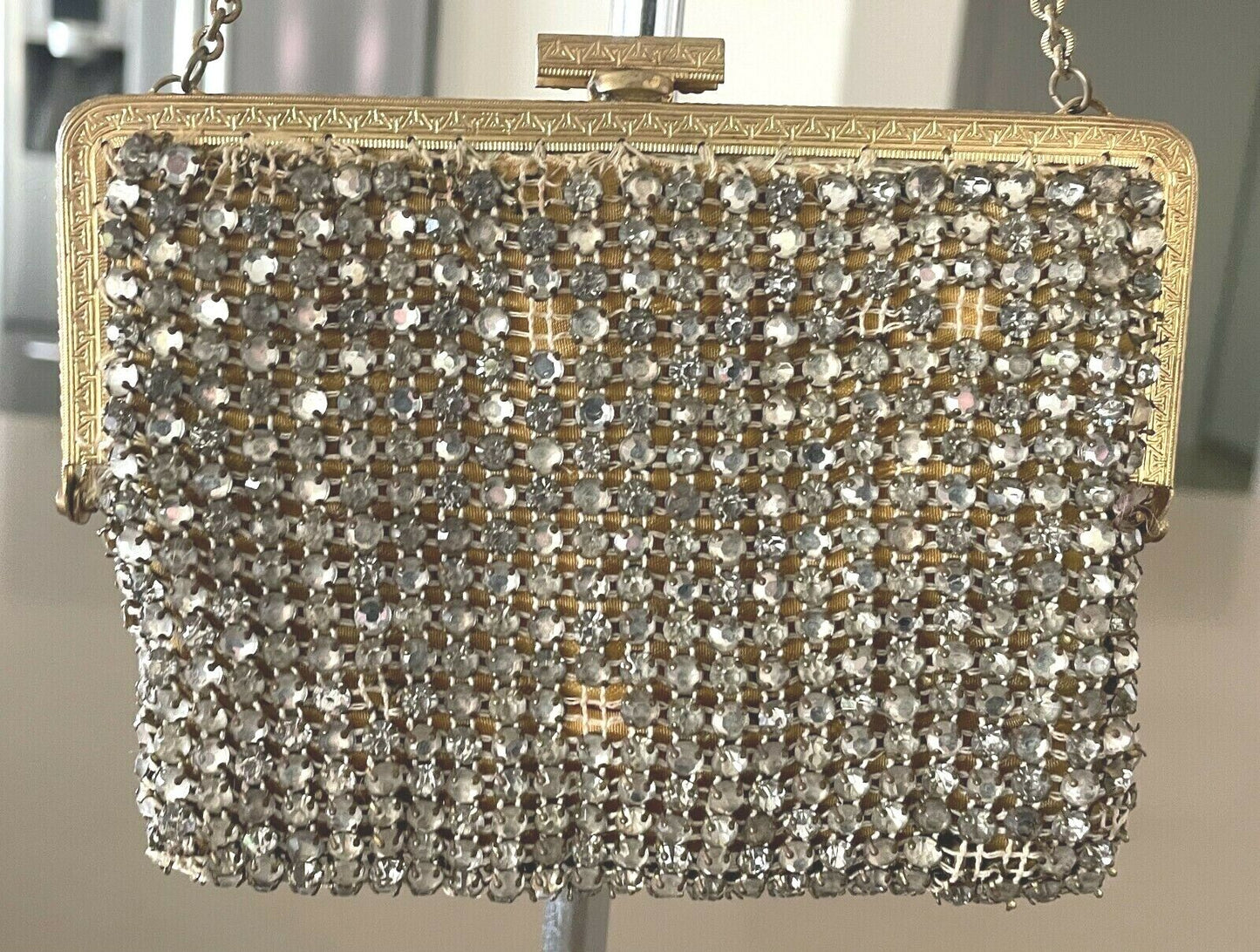 Evening Bag Antique Crystal Encrusted Small Gold Frame Chain Strap Diamante