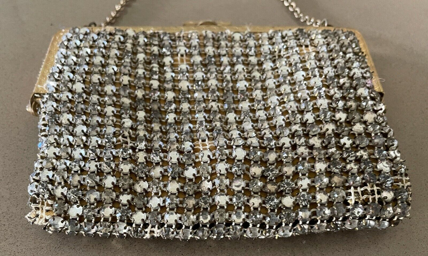 Evening Bag Antique Crystal Encrusted Small Gold Frame Chain Strap Diamante