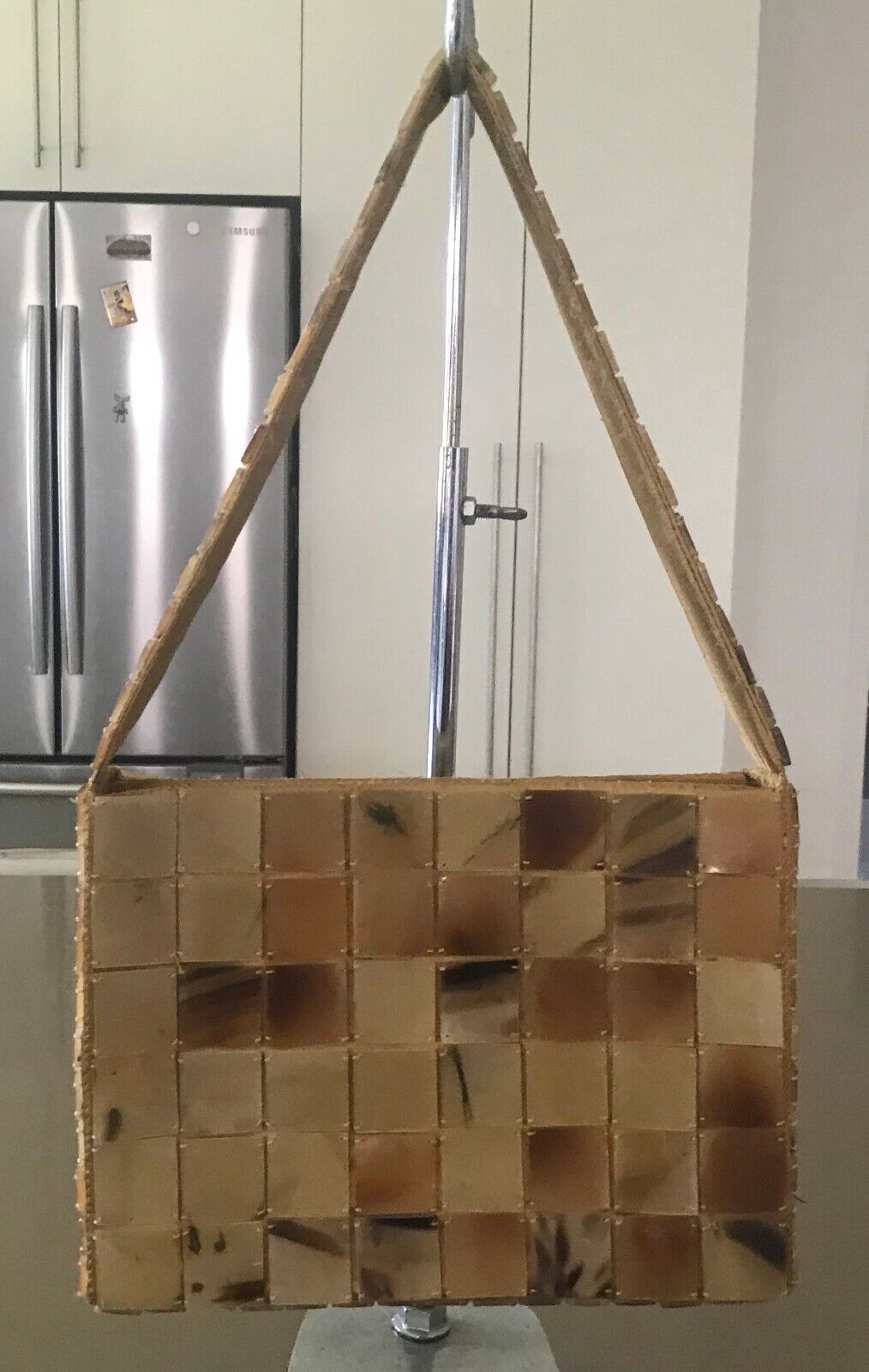 Vintage Bag Shell Look " Perspex " Tile Square Handbag Gold Satin Lining Handbag