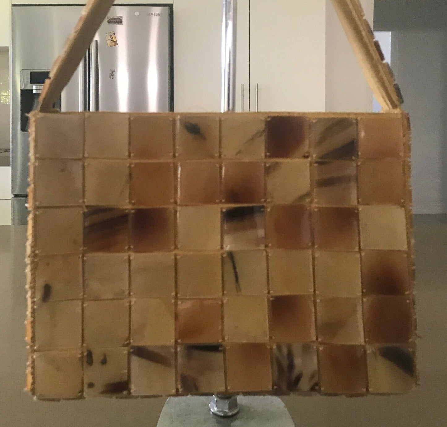 Vintage Bag Shell Look " Perspex " Tile Square Handbag Gold Satin Lining Handbag