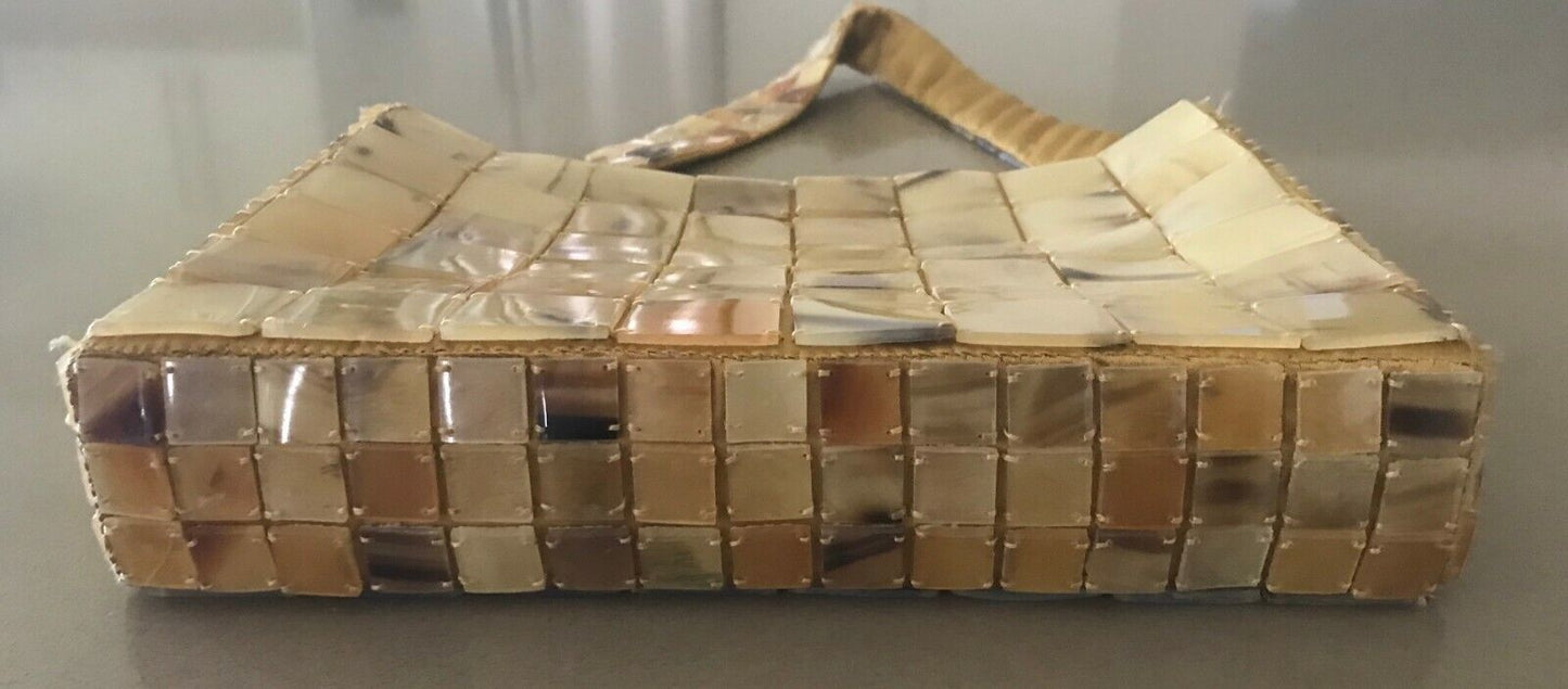 Vintage Bag Shell Look " Perspex " Tile Square Handbag Gold Satin Lining Handbag