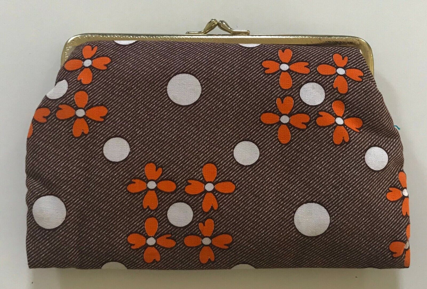 Vintage Purse Brown Orange & White Floral Print Clasp Closure Coin Bag NEW
