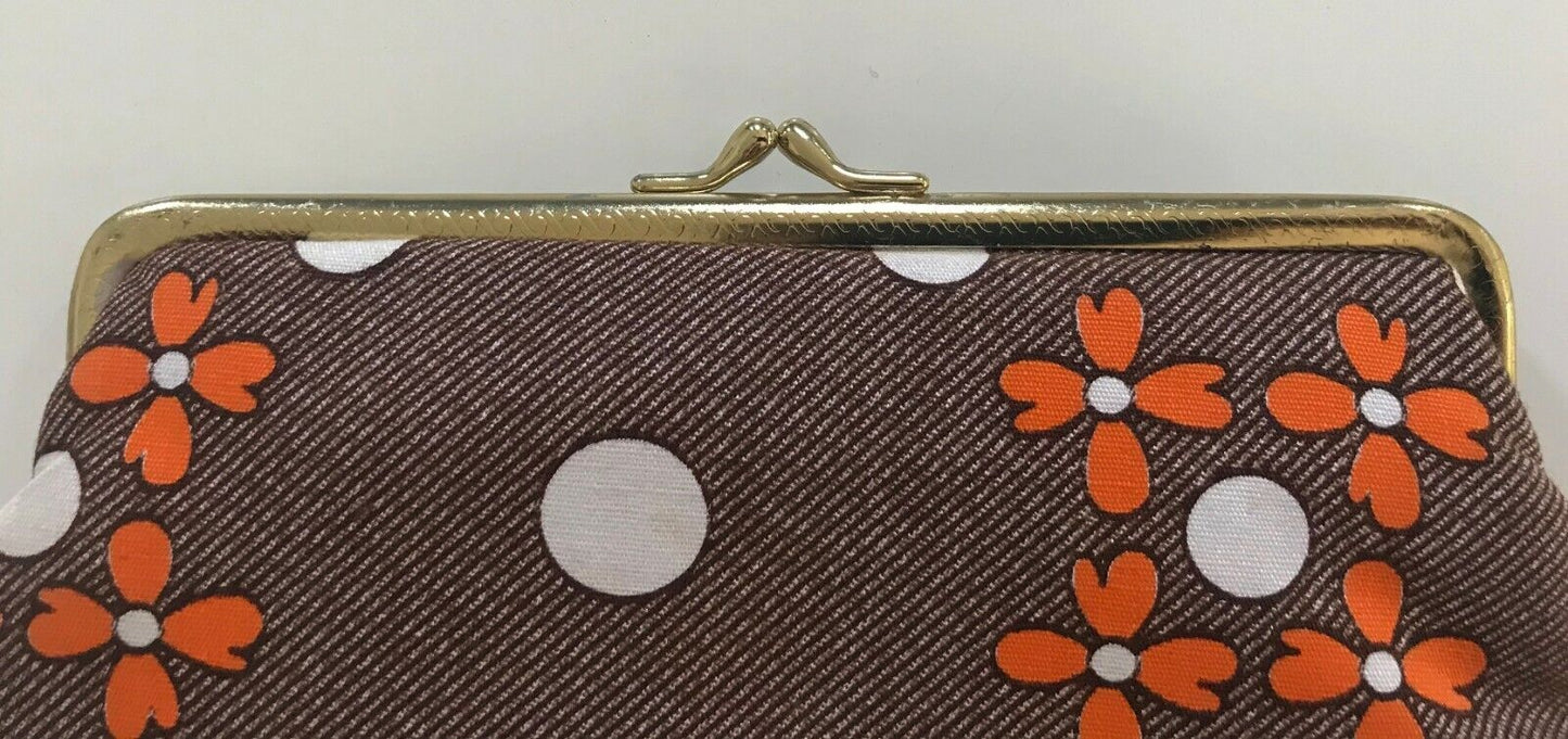 Vintage Purse Brown Orange & White Floral Print Clasp Closure Coin Bag NEW