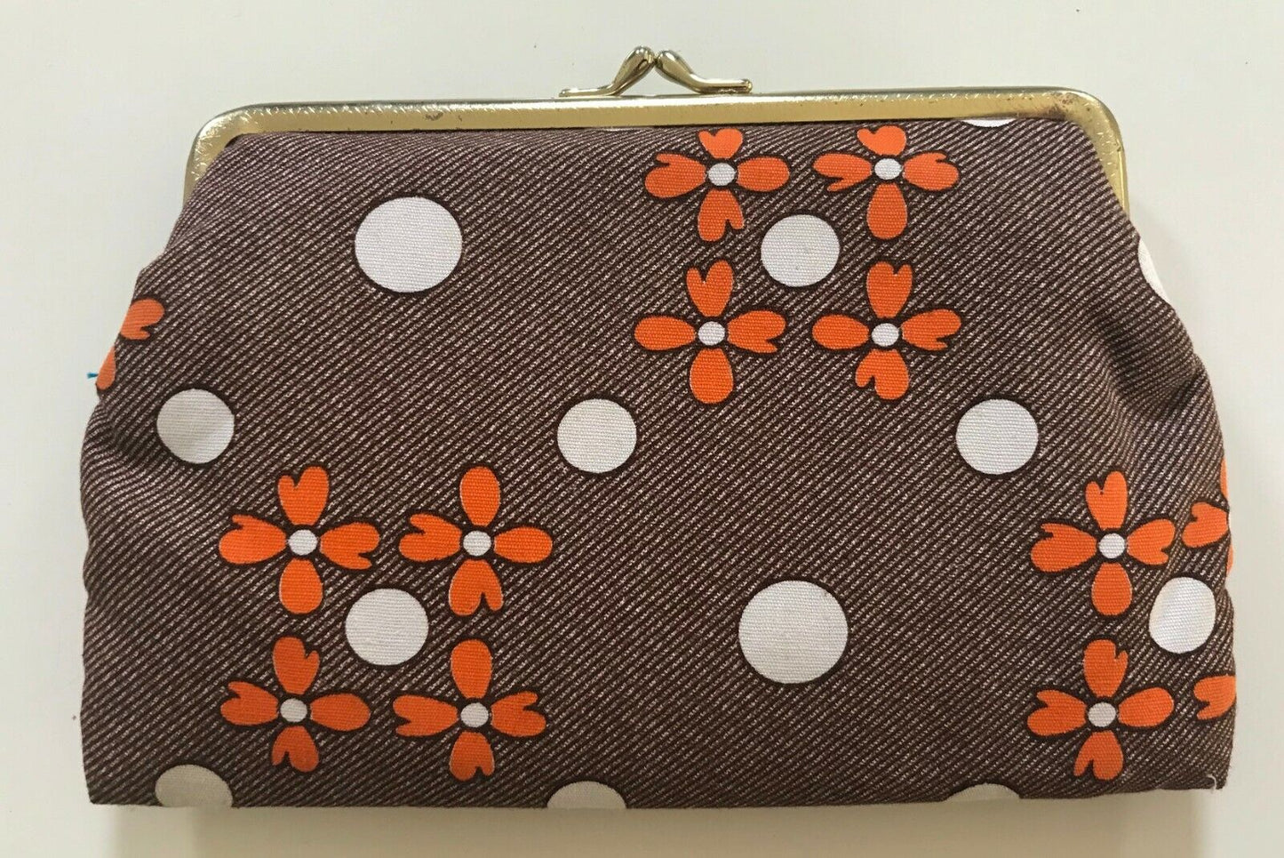 Vintage Purse Brown Orange & White Floral Print Clasp Closure Coin Bag NEW