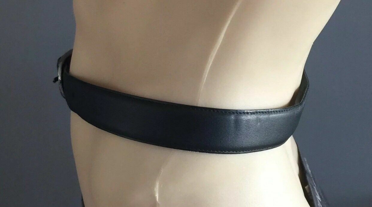 Mens LEATHER Belt APPLE Mac Mens Black Pewter Buckle SZ S 30 32 Inch Waist NEW